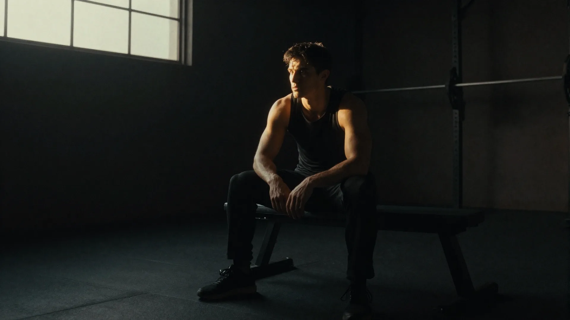 Athlete seated in a quiet gym at dawn