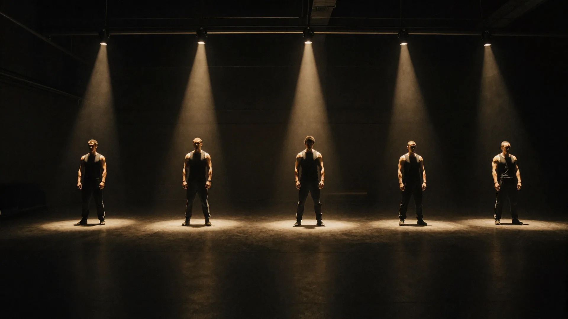 Four athletes, each lit by a separate shaft of light